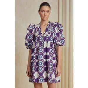 Hunter Bell Jenkins Dress XS | Purple Tie Dye Mandala Puff Sleeve Cotton Mini